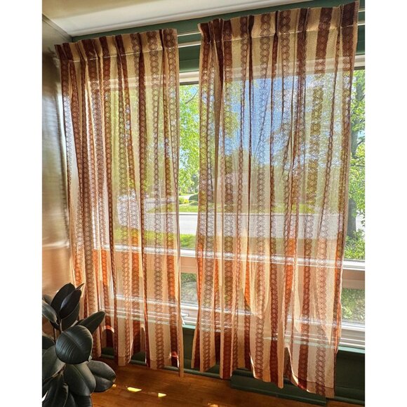 Vintage 80s pleated curtain, tan, brown, rust vertical stripes, per panel - Picture 2 of 10